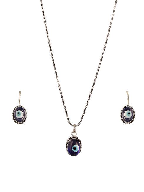 Silver Oxidised Toned Evil Eye Minimal Dailywear Pendant Jewellery Set