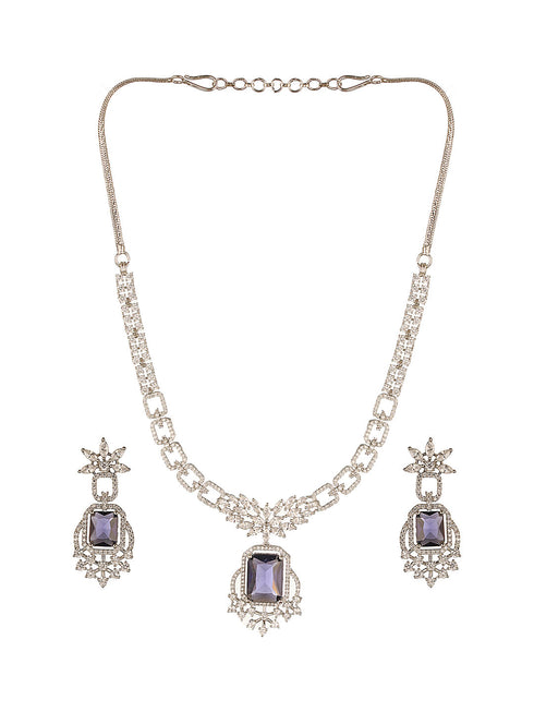 Silver Toned Purple Blue AD Zirconia Studded Floral Designer necklace Jewellery Set