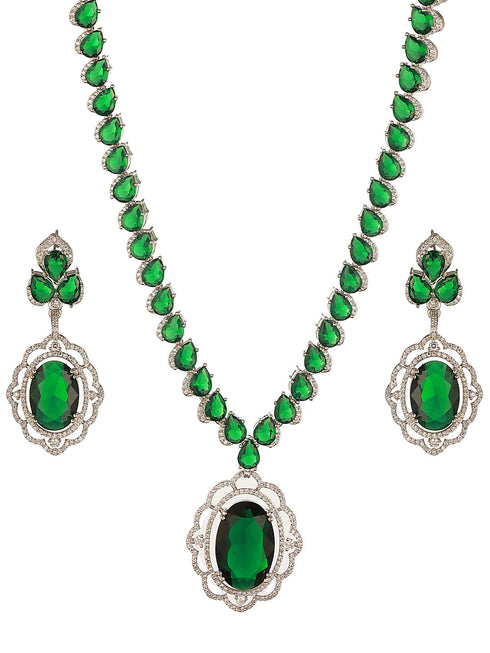 Silver Rhodium Plated Emerald Green Cubic Zirconia Designer Bridal Pendant Jewellery Set