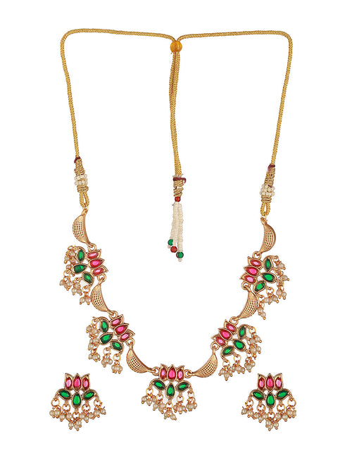 Gold Plated Red & Green Stone Studded Lotus Choker Jewellery Set