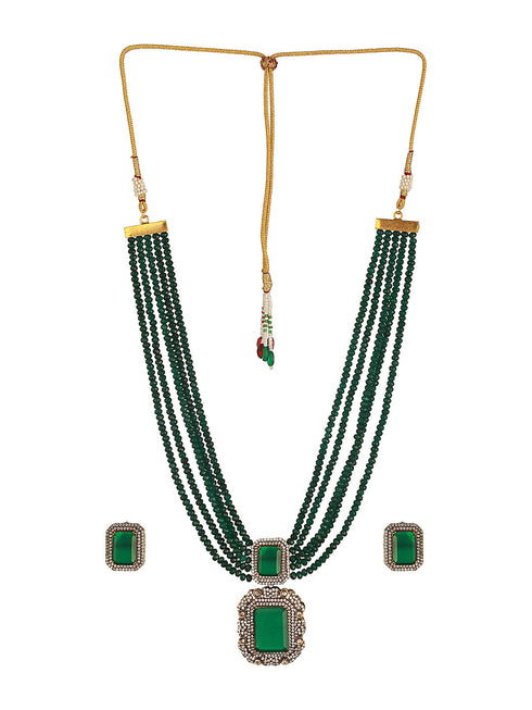 Silver Toned Kundan Studded Emerald Onyx Multilayered Designer Maala Pendant Jewellery Set