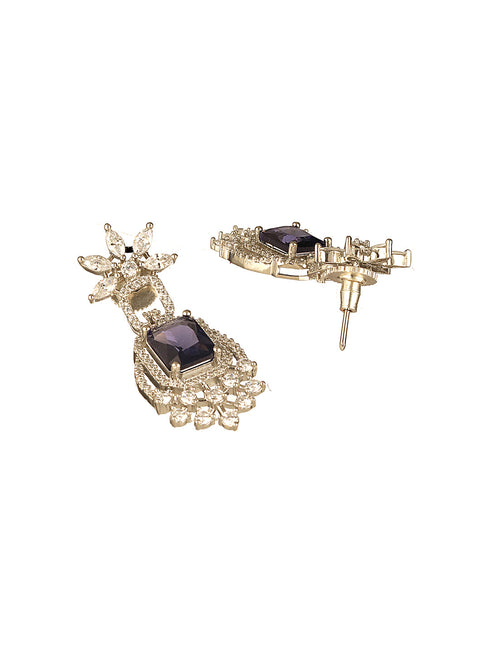 Silver Toned Purple Blue AD Zirconia Studded Floral Designer necklace Jewellery Set