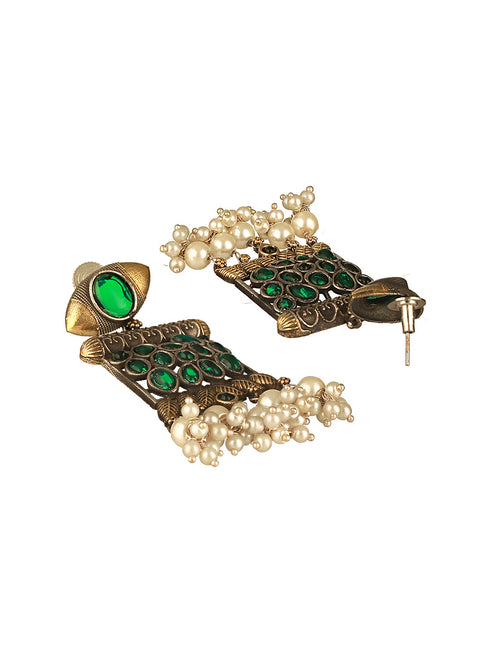 Silver Oxidised Dual Toned Green Stone & Pearl Beaded Designer Tribal Hasli Necklace Jewellery Set