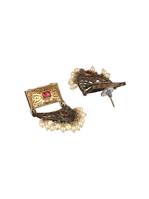 Silver Oxidised Dual Toned Red Stone & Pearl Beaded Filigree Designer Fusion Hasli Necklace Jewellery Set