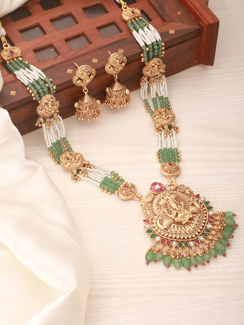 Gold Plated Green Pearl Beaded Ganesha Motif Long haram Temple Jeellery Set