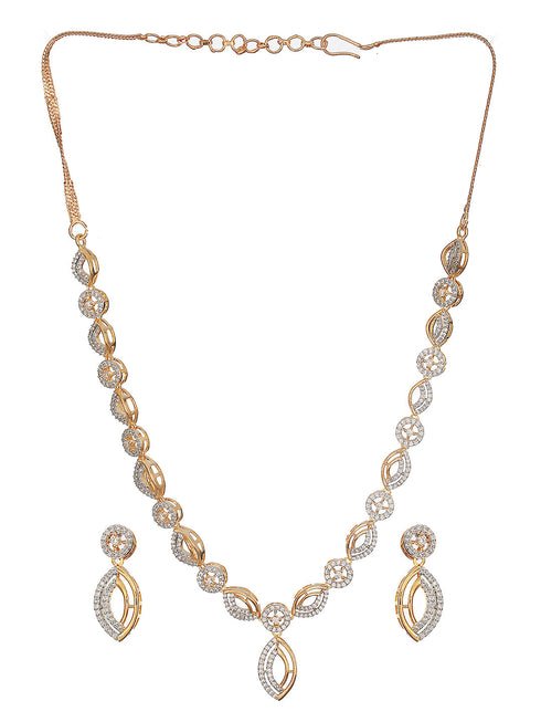 Gold Toned AD Studded Minimal Leaf Design Pendant Jewellery Set