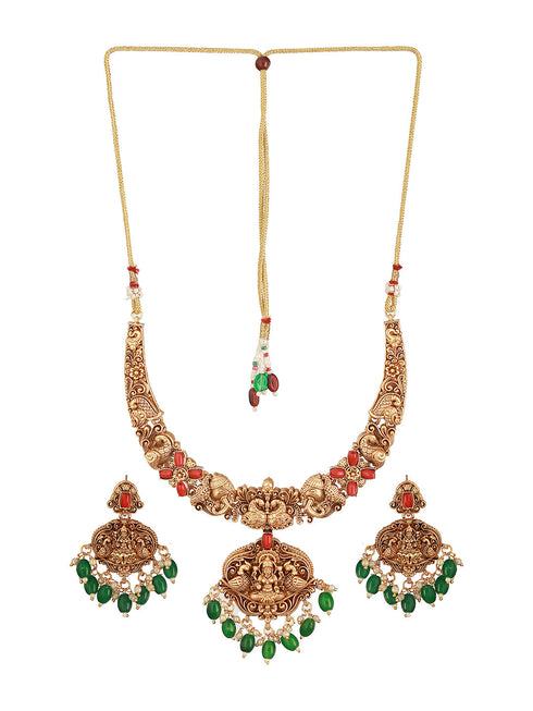 Gold Polish Red Coral Studded Lakshmiji Temple Necklace Jewellery Set