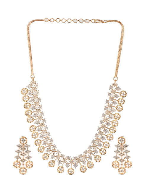 Gold Dual Toned C Zircon Studded Statement Geometric Partywear Necklace Jewellery Set