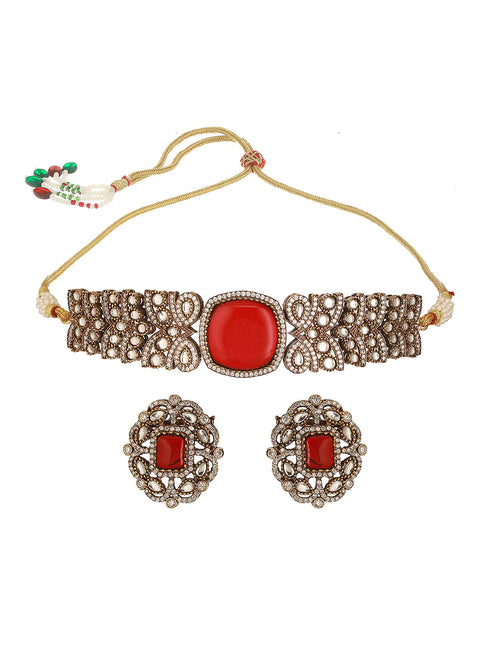 Gold Toned Ruby Red Mossanite Kundan Statement Choker Jewellery Set