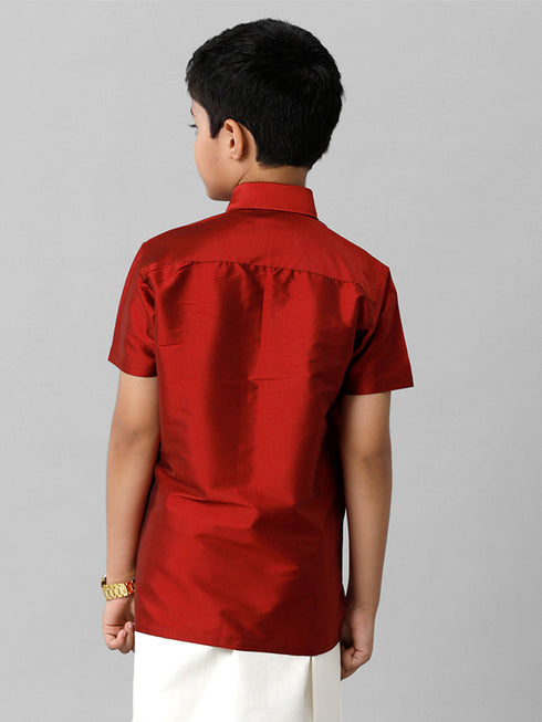 Ramraj Cotton Boys Silk Cotton Red Half Sleeves Shirt K8