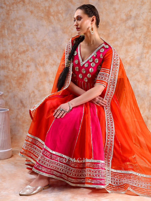 Pomcha Jaipur Dil Kash Orange Pink Double Shade Anarkali