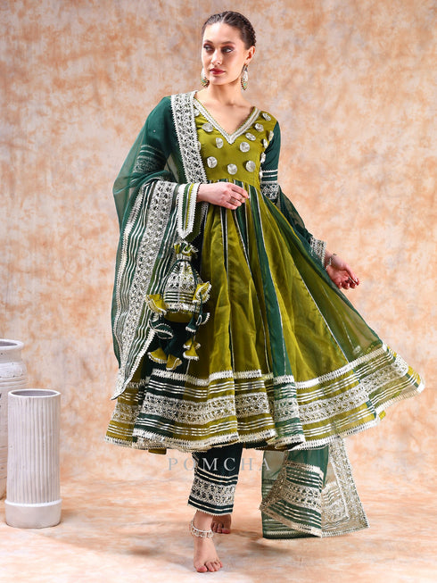 Pomcha Jaipur Dil Kash Green Double Shade Anarkali Set