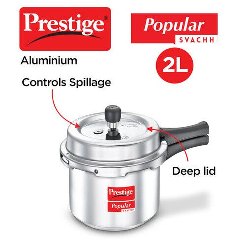 Prestige Popular Svachh Virgin Aluminium Gas And Induction Compatible Pressure Cooker Silver 2 L