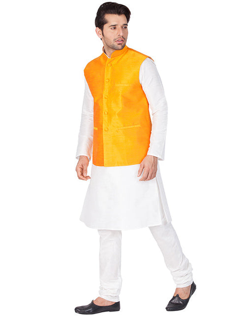 Vastramay Men's White Cotton Silk Blend Kurta, Ethnic Jacket and Pyjama Set