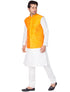 Vastramay Men's White Cotton Silk Blend Kurta, Ethnic Jacket and Pyjama Set