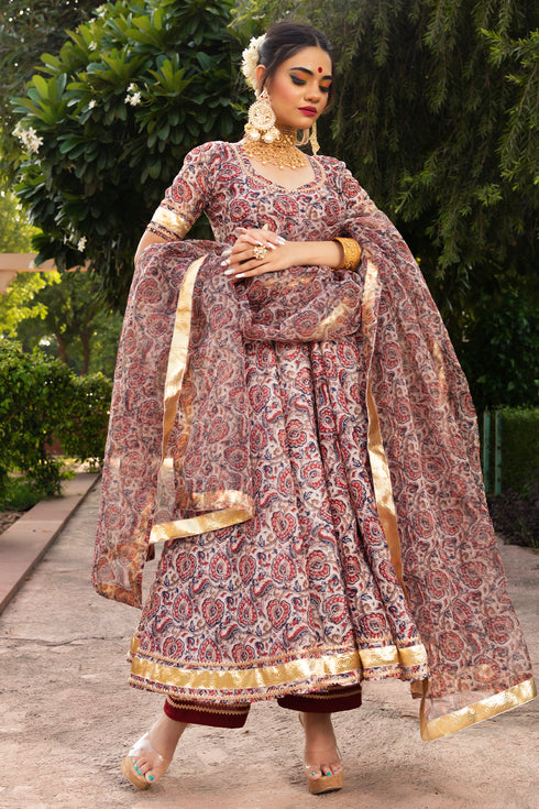 Pomcha Jaipur Organza Anarkali With Organza Dupatta Set