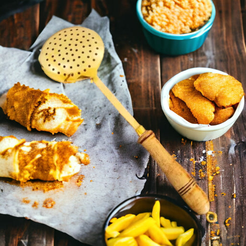 Tamas Brass Gold Jhara / Skimmer / Frying Spoon With Wooden Handle