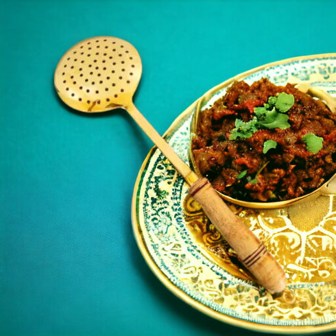 Tamas Brass Gold Jhara / Skimmer / Frying Spoon With Wooden Handle