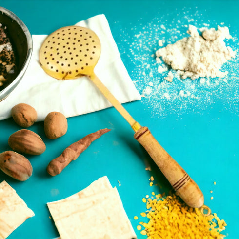 Tamas Brass Gold Jhara / Skimmer / Frying Spoon With Wooden Handle