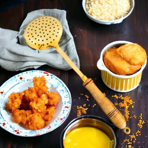 Tamas Brass Gold Jhara / Skimmer / Frying Spoon With Wooden Handle