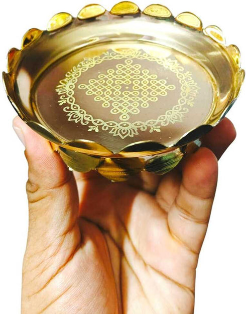 Sharanyas Small Brass Lotus Stand with Kolam Engraving Brass Yantra