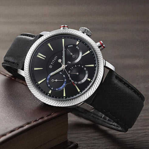 Titan Stellar Quartz Multifunction Black Dial Leather Strap Watch for Men
