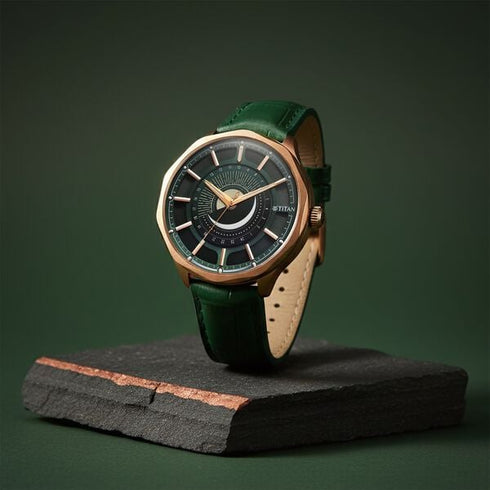 Titan Stellar Analog with Sun Moon Phase and Green Dial Green Leather Strap