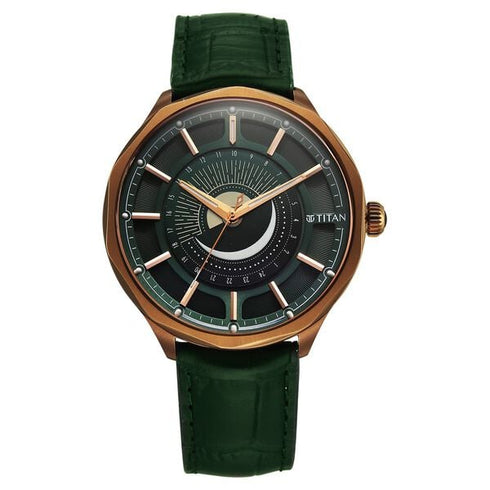 Titan Stellar Analog with Sun Moon Phase and Green Dial Green Leather Strap