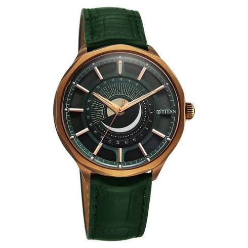 Titan Stellar Analog with Sun Moon Phase and Green Dial Green Leather Strap