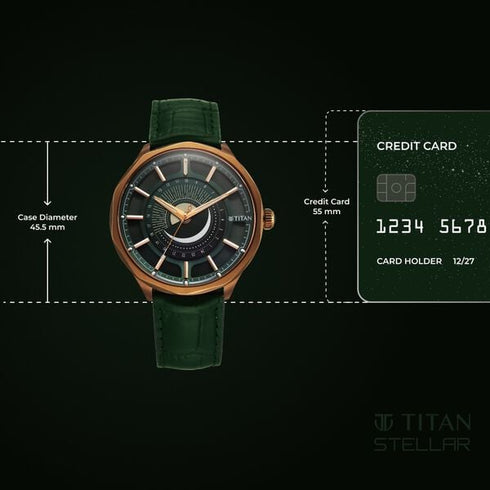 Titan Stellar Analog with Sun Moon Phase and Green Dial Green Leather Strap