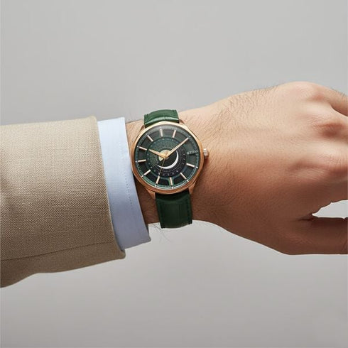 Titan Stellar Analog with Sun Moon Phase and Green Dial Green Leather Strap