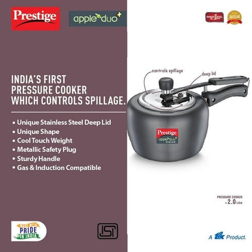 Prestige Apple Duo Plus Hard Anodised Spillage Control Pressure Cooker Black 2 L