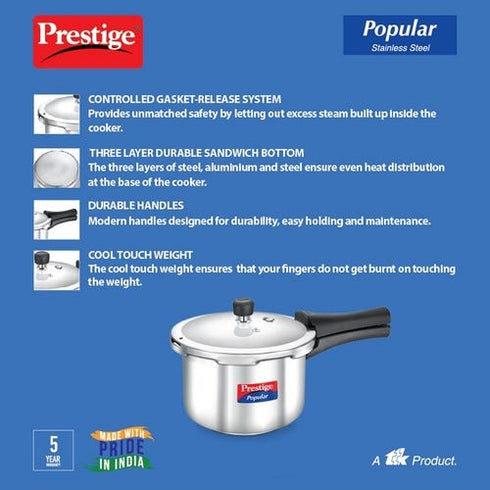 Prestige Popular Stainless Steel Gas And Induction Compatible Pressure Cooker Silver 2 L