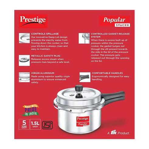 Prestige Popular Svachh Virgin Aluminium Spillage Control Pressure Cooker Silver 1.5 L