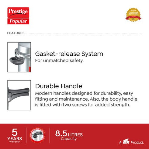 Prestige Popular Virgin Aluminium Precision Weight Valve Pressure Cooker 8.5 L Silver