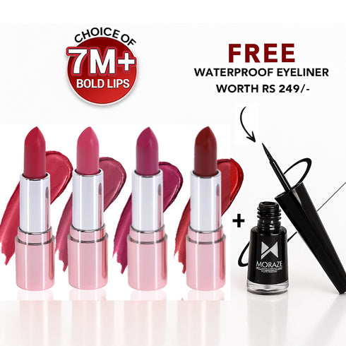 Moraze Cosmetics 4 Glamorous Lipstick Kit SPF 25 FREE Waterproof Eyeliner