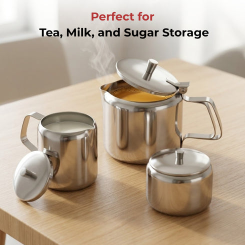Vinod Stainless Steel 3 Pieces Jumbo Tea Set 1400 ml Tea Pot 250 ml Milk Pot and 250 ml Sugar Pot Highest Grade Steel Mirror Finish Rust Free
