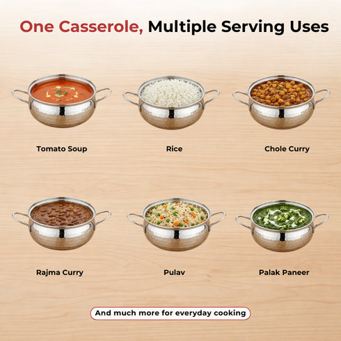 Vinod Stainless Steel Milano Hammered Serving Casserole with Steel Lid and Side Handles 1230 ml Highest Grade Stainless Steel Tough and Strong
