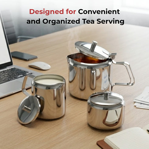 Vinod Stainless Steel 3 Piece Large Tea Set 1000 ml Tea Pot 250 ml Milk Pot 250 ml Sugar Pot Highest Grade Steel Mirror Finish Dishwasher Safe