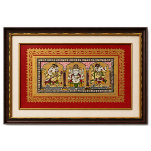Palm Leaf Handmade Painting of Three Lord Ganesha