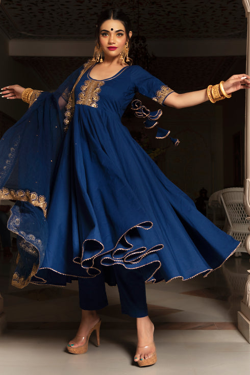 Pomcha Jaipur Minakari Blue Cotton Anarkali Set With Embroidery Lace Soft Net Dupatta