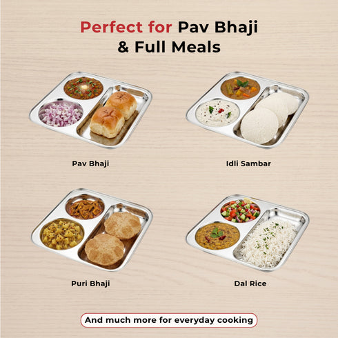 Vinod Stainless Steel 3 In 1 Compartment Plate with Round Edges Pav Bhaji Plate Idli Sambhar Plate Lunch Dinner Plate Pack of 2