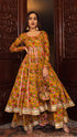 Pomcha Jaipur Yellow Cotton Hand Block Print Anarkali Plazo Set With Organza Dupatta