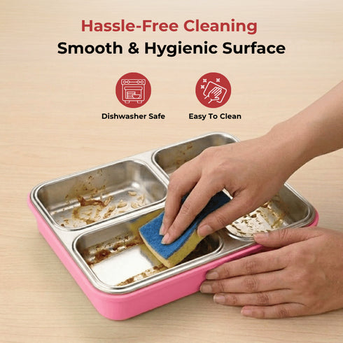Vinod Stainless Steel Tiffin 3 Compartment Pink Airtight Silicone Sealed Lid Insulated Food Grade Steel Secure Side Clips