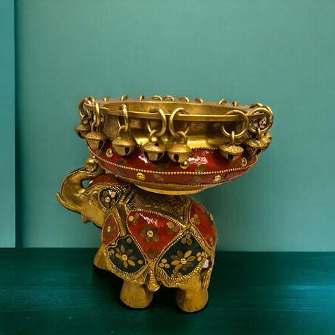 Tamas Brass Elephant Urli Stone Work (Multicolor)
