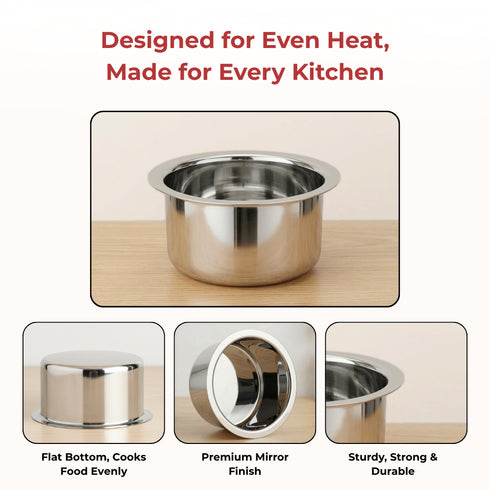 Vinod Stainless Steel Induction Friendly Flat Bottom Cooking Tope With 1.5mm Thickness 18 Gauge Durable Steel 3 Pcs Capacity 1400ml 1800ml and 2300ml No 11 to 13