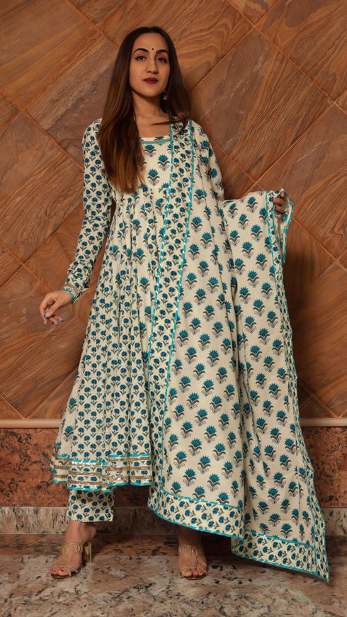 Pomcha Jaipur Paisely Cotton Kalidar Anarkali Set