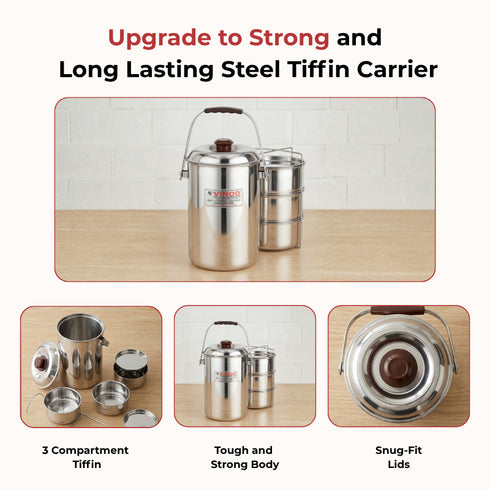 Vinod Stainless Steel Deluxe Hot Tiffin with 3 Compartment Insulated Rust Free Leak Proof Dishwasher Safe Strong and Tough