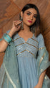 Pomcha Jaipur Powder Blue Pure Cotton Anarkali With Organza Dupatta Set