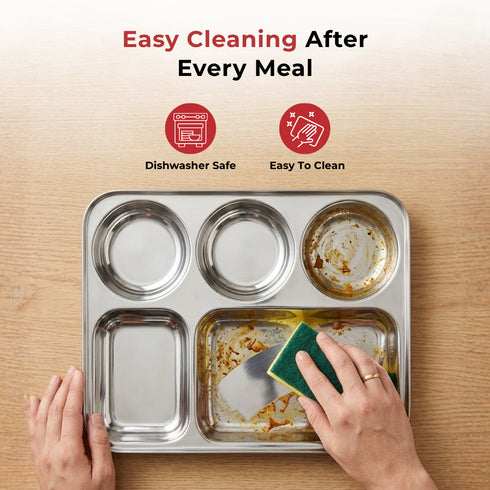 Vinod Stainless Steel 5 Compartment Plate with Round Edges Lunch and Dinner Plate Bhojan Thali High Quality Steel Rust Free Pack of 2